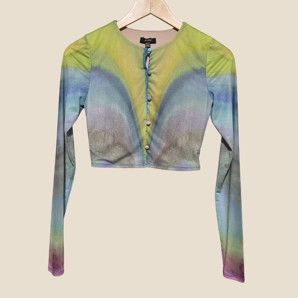 AFRM Womens Tie Dye Mesh Crop Top Long Sleeve Button Front Multi Color XS - Picture 3 of 11
